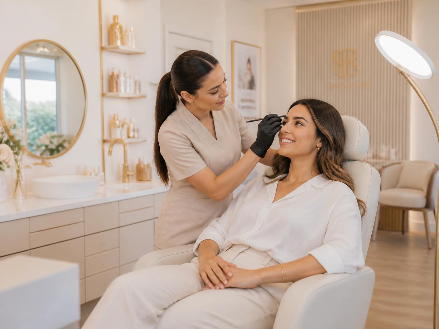 A Lounge Beauty Co. artist shaping a client's brows